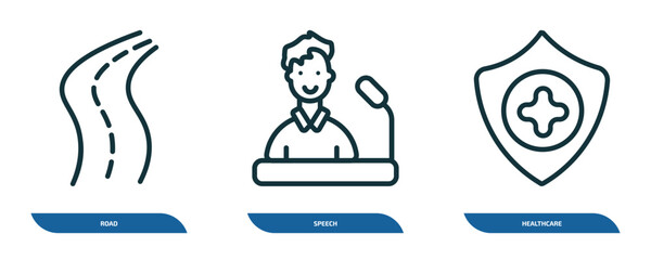 Wall Mural - set of 3 linear icons from artificial intellegence concept. outline icons such as road, speech, heal