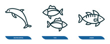 Set Of 3 Linear Icons From Animals Concept. Outline Icons Such As Dolphin Jumping, Tuna, Zander Vector