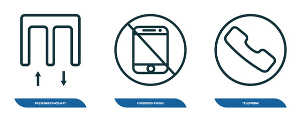 set of 3 linear icons from airport terminal concept. outline icons such as passenger passway, forbbiden phone, telephone vector