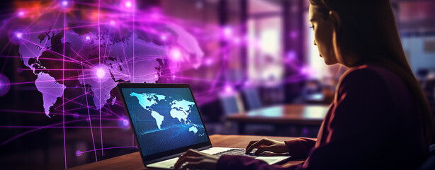 woman working with laptop connected to the global network. Generative Ai