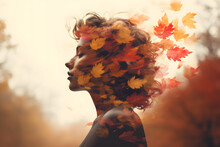 Double Exposure Illustration Of A Beautiful Woman Portrait In The Forest With Autumn Leaves In Her Hair