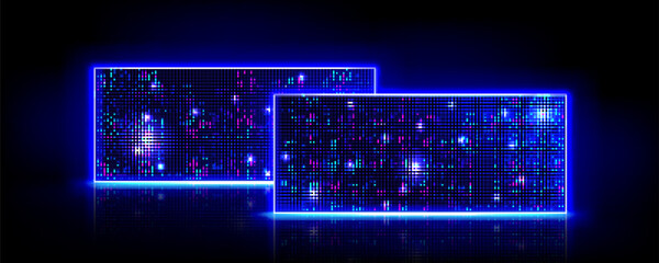 Led screen pixel light display stage background. Blue neon tv monitor grid pattern. Abstract bright technology design. Virtual performance multimedia panel scene for disco party entertainment.