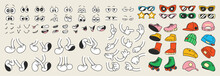 Set Of 70s Groovy Comic Vector. Collection Of Cartoon Character Faces In Different Emotions, Hand, Glove, Glasses, Hat, Shoes. Cute Retro Groovy Hippie Illustration For Decorative, Sticker.