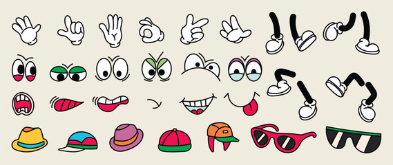 Wall Mural - Set of 70s groovy comic vector. Collection of cartoon character faces in different emotions, hand, glove, glasses, hat, shoes. Cute retro groovy hippie illustration for decorative, sticker.