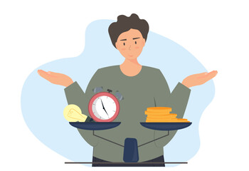 Person with timer and money, time is money concept, flat vector illustration