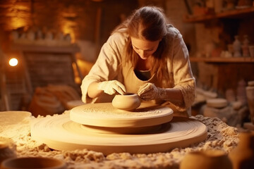 woman doing pottery at home, close up view