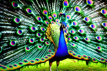 peacock feather backgroundA peacock spreads its feathers, a big tree stands by the side of a ravine where small trees come down even if the sky is rainy