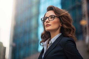 Middle aged Scandinavian businesswoman in eyeglasses in a formal suit against the backdrop of skyscrapers in the business district of the city. Success and prosperity. Hard work in finance.