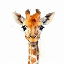 Ai Generative Illustration Of A Baby Giraffe Against White Background.