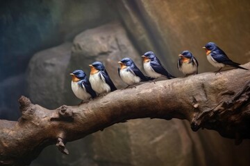 Wall Mural - group of cave swallows resting on a branch near the cave