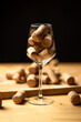 Bunch of wine corks in glass on wooden table