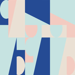 Poster - Abstract geometric vector seamless pattern. Modern background with simple shapes. Circles, squares, rectangles, triangles in pastel blue, pink, white colors