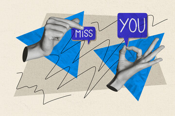 Sticker - Composite collage image of two black white effect arms fingers hold miss you dialogue bubble chatting isolated on drawing background