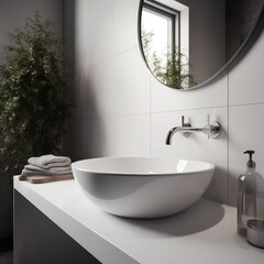 close up of a modern sink in a minimal bathroom, natural and neutral colors