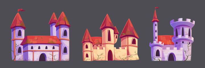 Wall Mural - Medieval castles set isolated on background. Vector cartoon illustration of ancient royal palaces with red roofs and flags on top of stone towers, arch windows and entrance gates, fairytale fortress