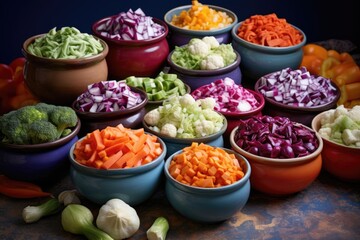 Wall Mural - chopped vegetables in colorful bowls