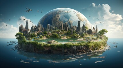 Wall Mural - symbolic 3d image of the globe with elements of human activity and nature landscape. eliminate waste