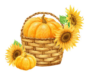 Wall Mural - Pumpkin with sunflowers in basket. Thanksgiving or Harvest Day card design. Watercolor drawing.