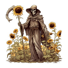 Vintage Sunflowers Skeleton Grim Reaper Sublimation Design Illustration Clipart. Boho Halloween Design Element For Pattern, Decoration, Planner Sticker, Sublimation And More.