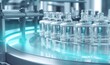 3d render. Pharmaceutical manufacture background with glass bottles with clear liquid on automatic conveyor line. COVID-19 mRNA vaccine production, Generative AI