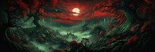 Halloween Background Landscape With Moon With Red Green Hues And Creepy Trees