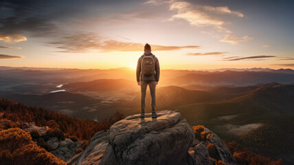 Wall Mural - Silhouette of a man on top of a mountain