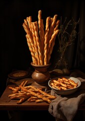 Wall Mural - Crispy pretzel sticks on the dark background. Generative AI.