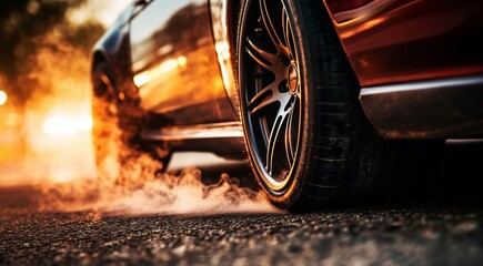 car driving on the road, close-up of a sports car doing burnout on the street, car doing burnout, close-up of car