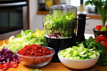 Sticker - fresh salad ingredients being chopped in a food processor