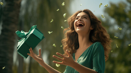 Wall Mural - Happy smiling woman with gift box over blurred background