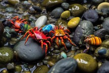 Close-up Of Colorful Crabs Among Vibrant Tidal Pool Rocks