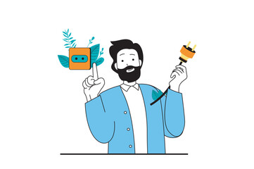 Aufkleber - Green energy concept with people scene in flat web design. Man holding socket plug and using green clean energy generation technology. Vector illustration for social media banner, marketing material.