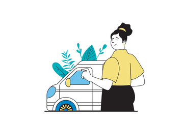 Aufkleber - Green energy concept with people scene in flat web design. Woman using smart electric car with alternative energy charging technology. Vector illustration for social media banner, marketing material.