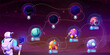 Space game level map with alien planets on dotted route to finish line. Cartoon vector illustration of gaming way with steps marked with mysterious cosmic orbs. Ui play design with funny universe.