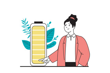 Aufkleber - Green energy concept with people scene in flat web design. Woman recharging battery, smart uses charge and saves nature and plants. Vector illustration for social media banner, marketing material.