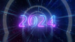 2024 motion of glowing neon ring and dark galaxy star background. Cyber Futuristic High Speed light zoom. Circles laser show fashion. Backdrop beam blur Flare.Abstract Light fast night with way space