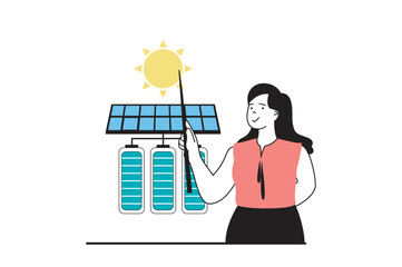 Poster - Green energy concept with people scene in flat web design. Woman uses alternative technology for energy generation by solar panels. Vector illustration for social media banner, marketing material.