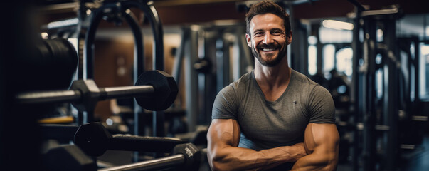 Wall Mural - Portrait of man working out gym fitness, fitness concept. Healthy lifestyle with fitness gym and healthy life .