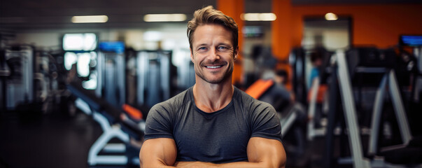 Wall Mural - Portrait of man working out gym fitness, fitness concept. Healthy lifestyle with fitness gym and healthy life .