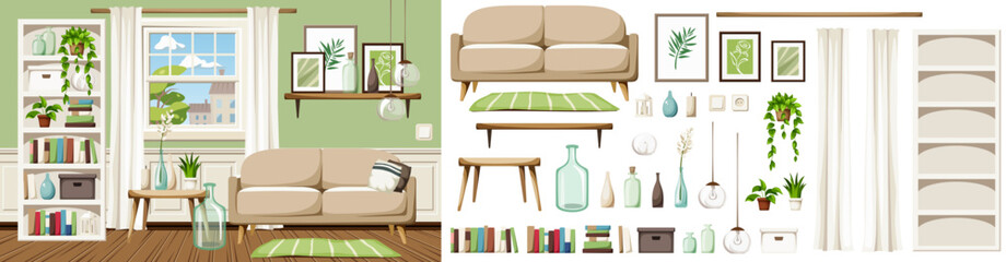 Wall Mural - Living room interior with green walls, a sofa, a white bookcase, a window, and houseplants. Cozy room interior design. Furniture set. Interior constructor. Cartoon vector illustration