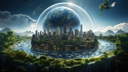 Wall Mural - symbolic 3d image of the globe with elements of human activity and nature landscape. eliminate waste