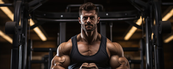 Wall Mural - Young bodybuilder resting in gym during workout.