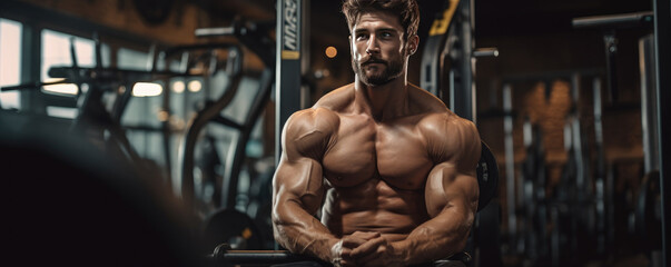 Wall Mural - Handsome bodybuilder working out in the gym. 