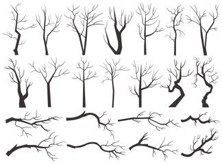 Wall Mural - Tree trunk, naked plants with black leafless branch silhouettes isolated set on white background