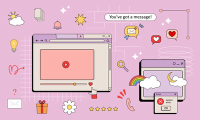 90s retro vaporwave aesthetics digital screen ui. Cute old computer ui elements, nostalgic pc icons and dialog boxes vector set. Illustration of computer screen 90s