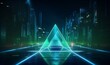 3d render, abstract blue green neon background. Glowing linear volumetric pyramid in the middle of the urban street at night. Digital futuristic, Generative AI