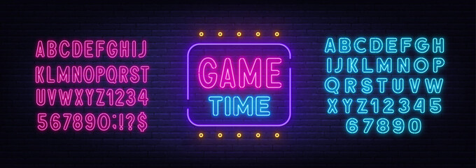 Game Time neon sign on brick wall background.