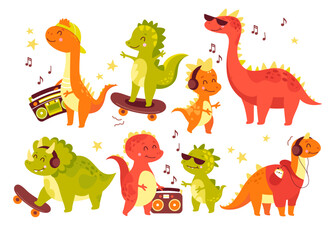 Canvas Print - Cute dinosaurs fantastic animal cartoon character listening music isolated set on white background