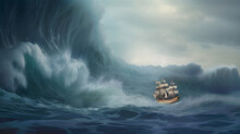 A Damaged Ship Sailing In The Storm On A Rough Sea, About About To Sink Due To A Gigantic Wave Or To Successfully Escape - Conceptual Illustration About Hope In The Trials Of Life