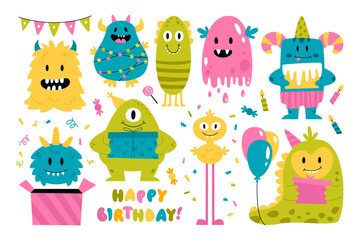 Sticker - Cute creepy colorful monster cartoon character enjoying birthday party celebration isolated set